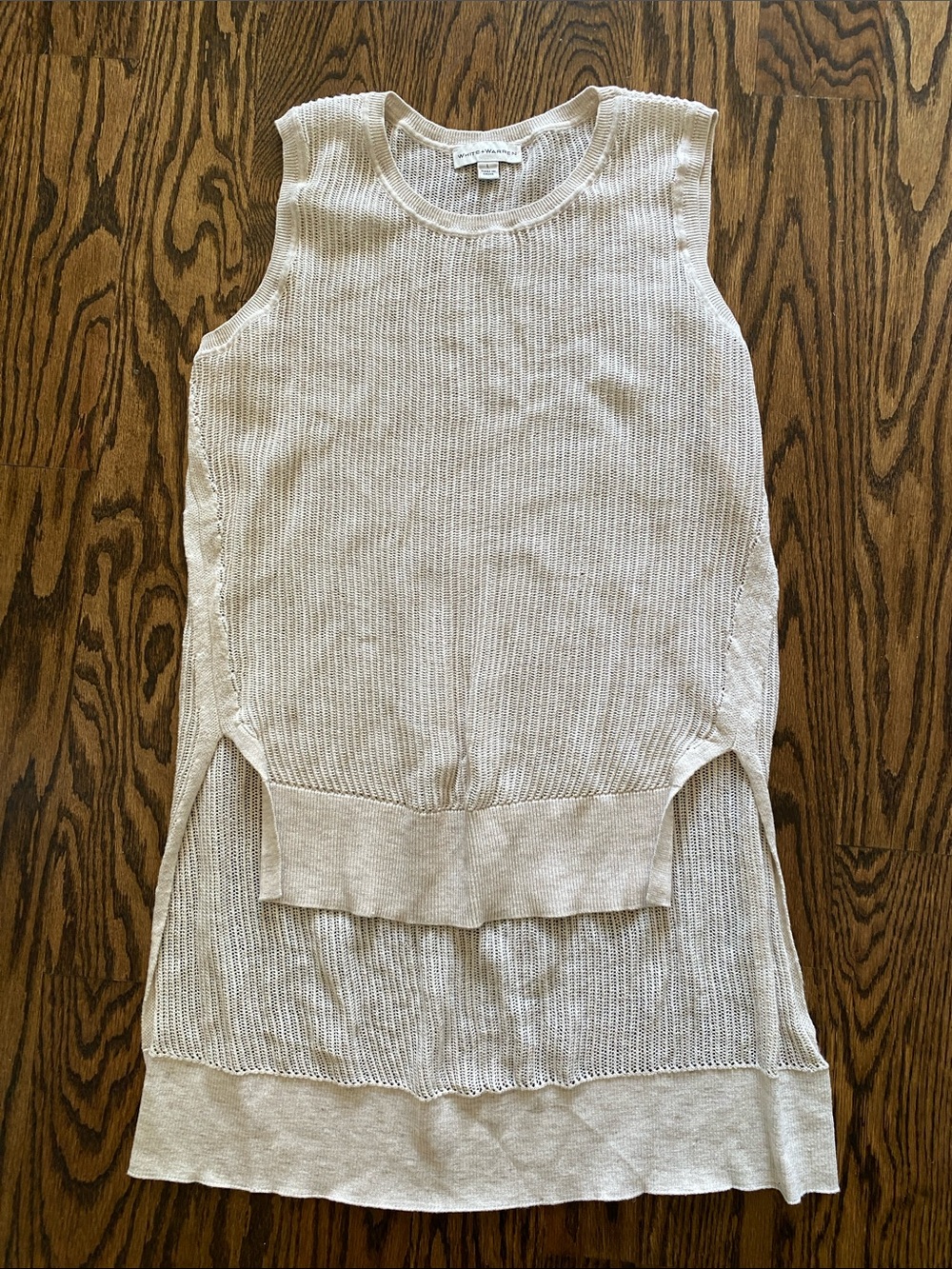White + Warren Sleeveless Open-Knit Tunic in Light Beige-Cream